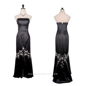 Vintage Livas Prom Dress Maxi Gown 4 Black Y2K Floral Glam Mermaid Strapless